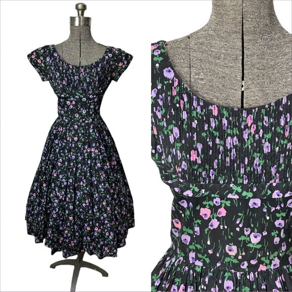 1960s floral day dress with pleated bodice and full skirt Size S - Picture 1 of 6